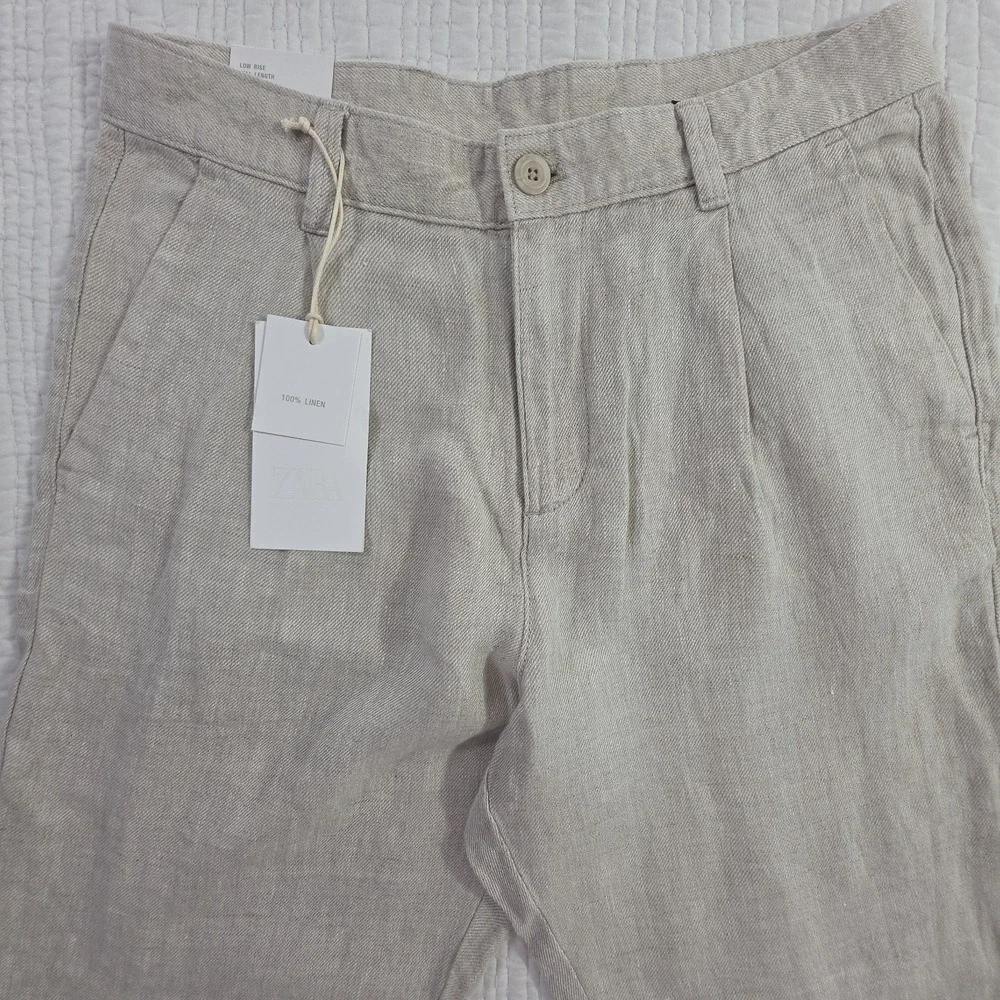 Zara 100% Linen Pants Mens 30x28 Natural Beige Pleated Chino Relaxed Fit NWT
